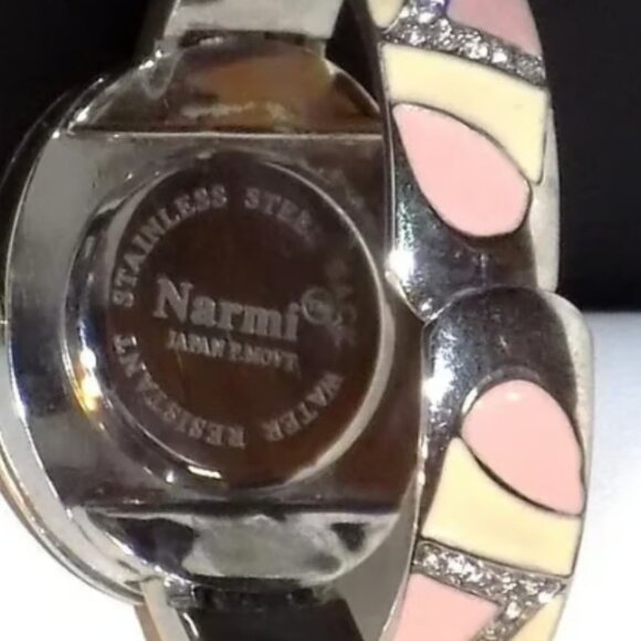 Vintage Rare Narmi Enamel Rhinestone Bracelet Watch with Case Cover MOP, Runs - Picture 3 of 9